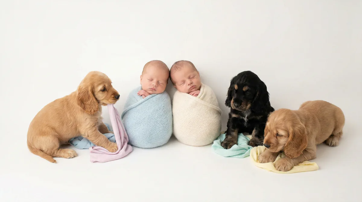 Newborn baby with puppies in fashion photoshoot featuring two newborns three cocker spaniel puppys