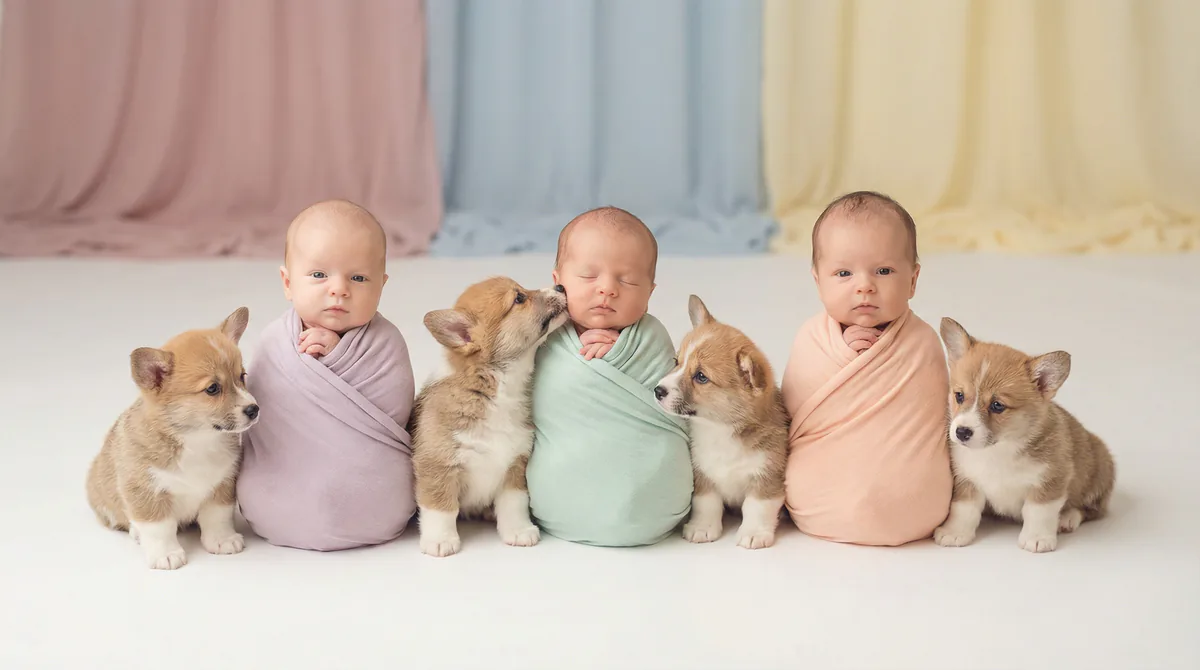Newborn baby with puppies in fashion photoshoot featuring two newborns three corgi puppys