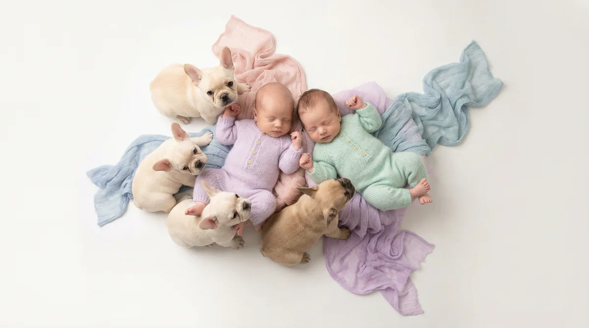 Newborn baby with puppies in fashion photoshoot featuring two newborns three french bulldog puppys