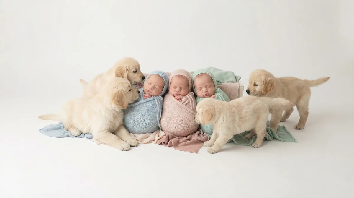 Newborn baby with puppies in fashion photoshoot featuring two newborns three golden retriever puppys