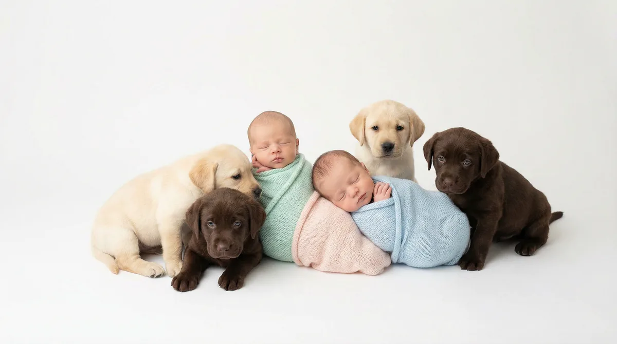 Newborn baby with puppies in fashion photoshoot featuring two newborns three labrador puppys