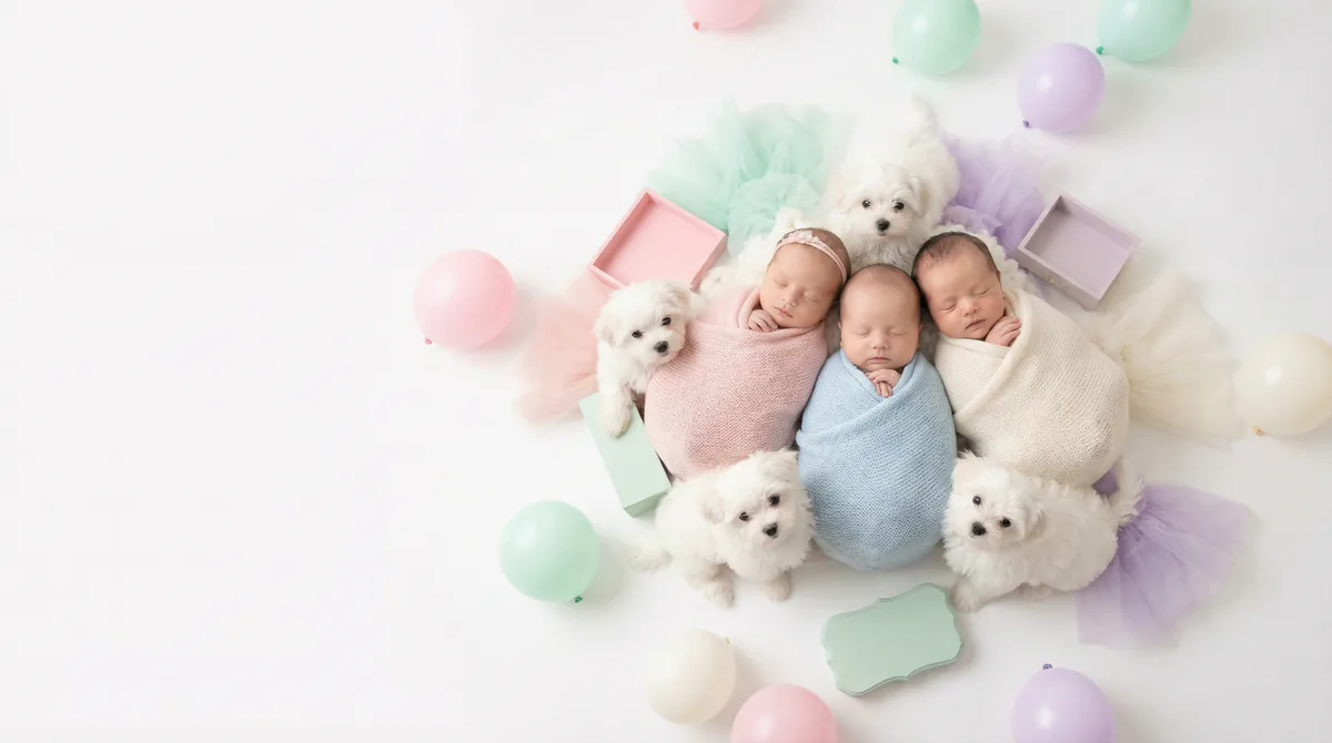 Newborn baby with puppies in fashion photoshoot featuring two newborns three maltese puppys