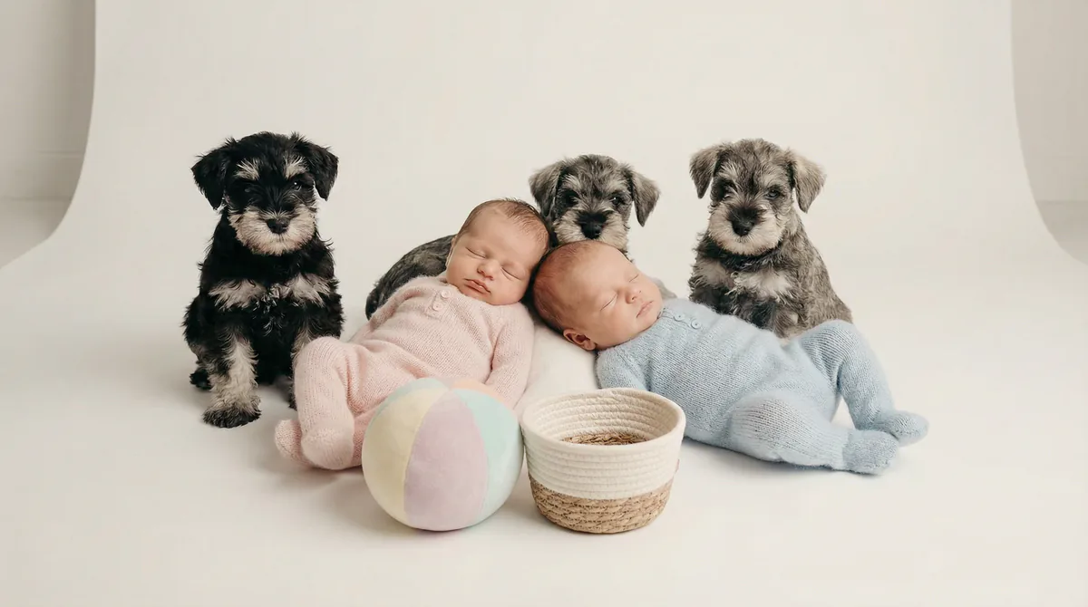 Newborn baby with puppies in fashion photoshoot featuring two newborns three miniature schnauzer puppys