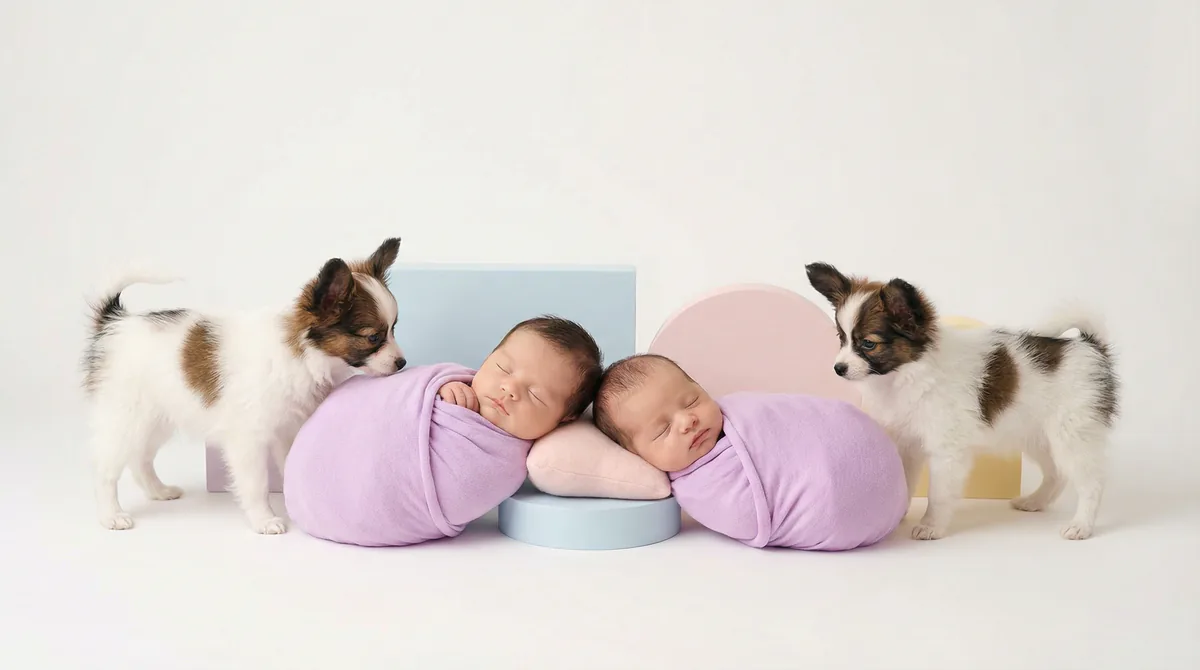 Newborn baby with puppies in fashion photoshoot featuring two newborns three papillon puppys