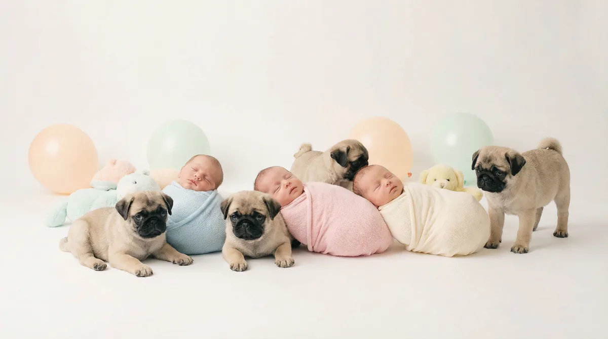 Newborn baby with puppies in fashion photoshoot featuring two newborns three pug puppys