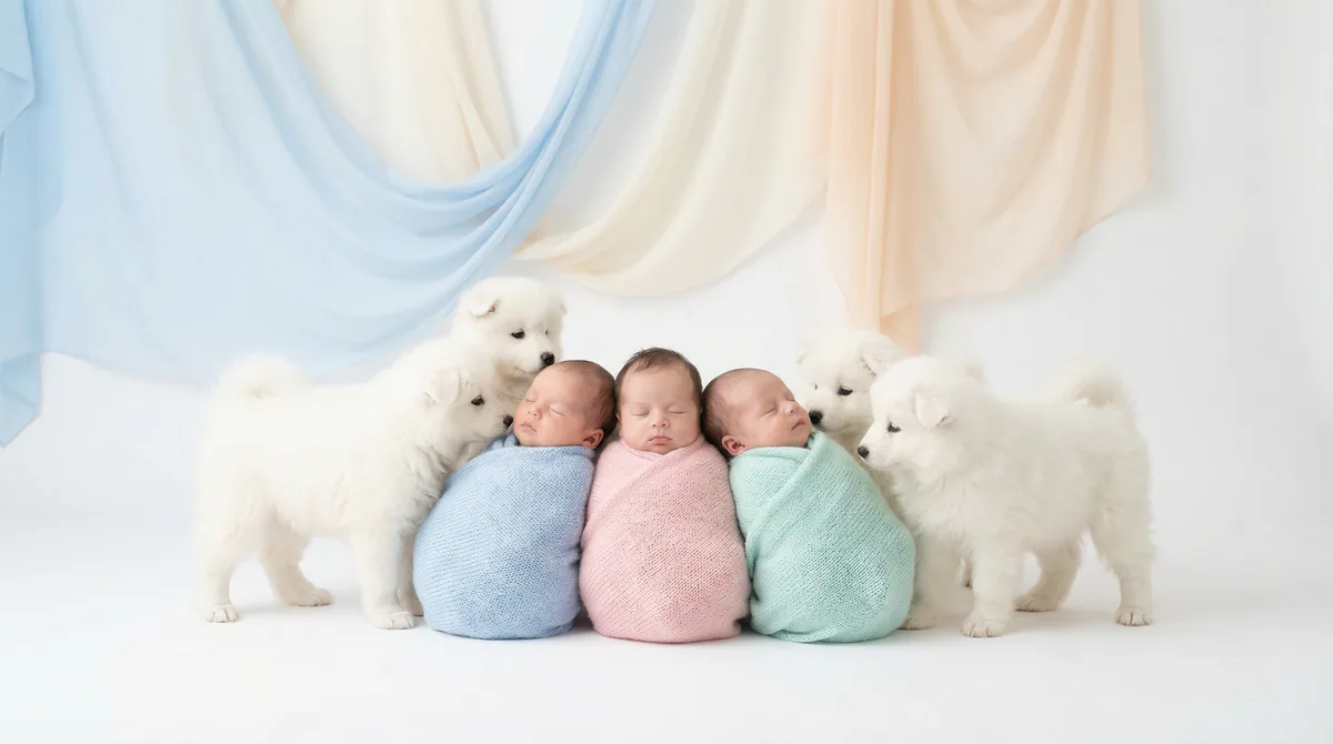 Newborn baby with puppies in fashion photoshoot featuring two newborns three samoyed puppys