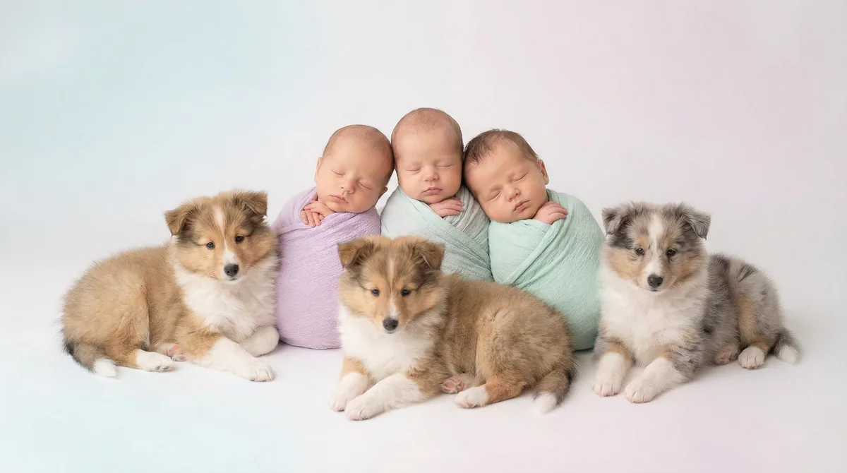 Newborn baby with puppies in fashion photoshoot featuring two newborns three shetland sheepdog puppys