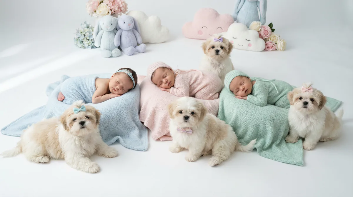 Newborn baby with puppies in fashion photoshoot featuring two newborns three shih tzu puppys