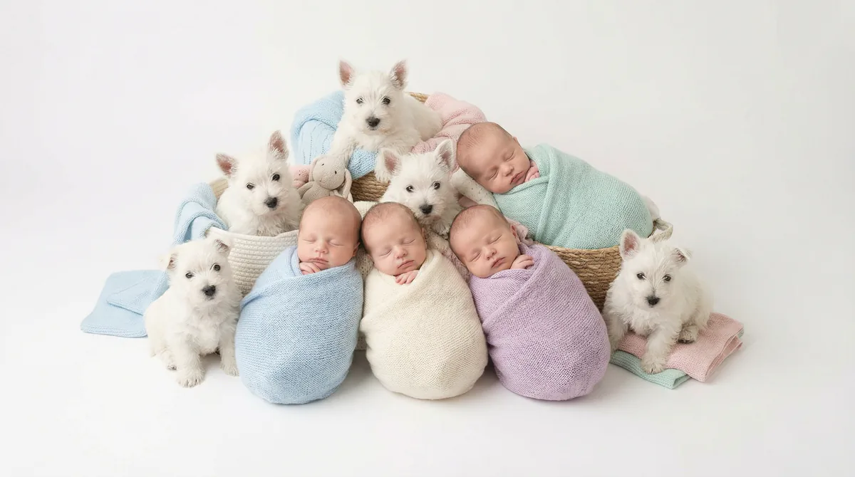 Newborn baby with puppies in fashion photoshoot featuring two newborns three west highland puppys